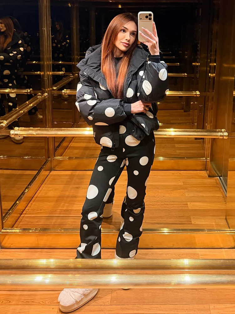 Y2k Women Polka Dot Ski Matching Suit Waterproof Windproof Insulated Hood Snow Coat Snowpants Lady Winter Mountain Snow Outfit