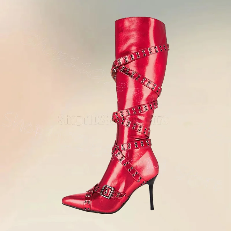 

Red Belt Fastener Pointed Toe Boots Side Zipper Women Shoes Thin High Heels Novel Fashion Party Banquet 2025 Zapatos Para Mujere