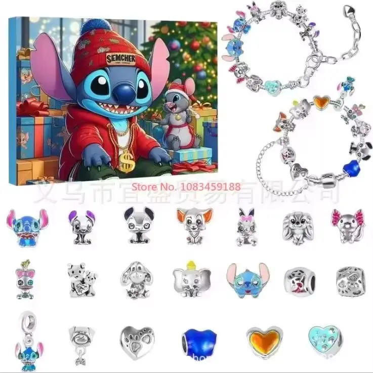 New Stitch Mickey Christmas Advent Calendar Bracelets 24 Days Xmas Countdown Calendar Diy Jewelry Making Kit Girl cute Xmas Gift