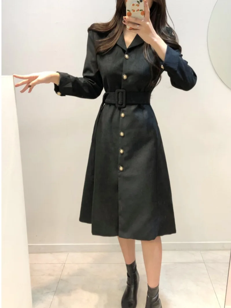 

Ele Long Dr Women's Chic Lapel Suede Hepburn Sle Dr with Belt Lightweight Mature Sensation Spring Autumn Wear