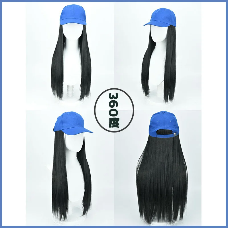 55cm Synthetic Fiber Long Straight Hair BLUE Baseball Cap Wig Golden Daily Wear  European American Ladies Style