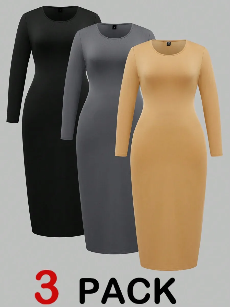 

Комплект из 3-х облегающих платьев-миди с длинными рукавами для женщин - черный, серый, горчичный