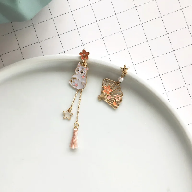 Lovely Cartoon Enamel Moon Cat Drop Earrings For Women Kawaii Cute Pink Bowknot Rabbit Dangle Earrings Girls Jewelry Gifts