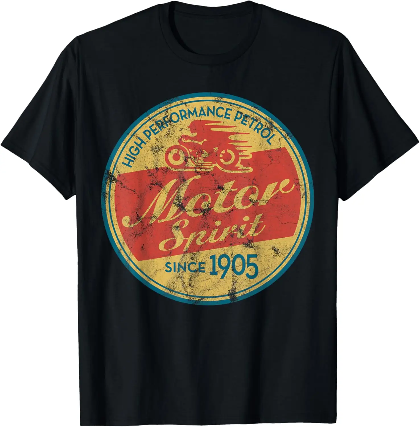 Vintage Motor Spirit 1905 Motorcycle Graphic Tee Distressed Cotton Short Sleeve T-Shirt for Men and Women