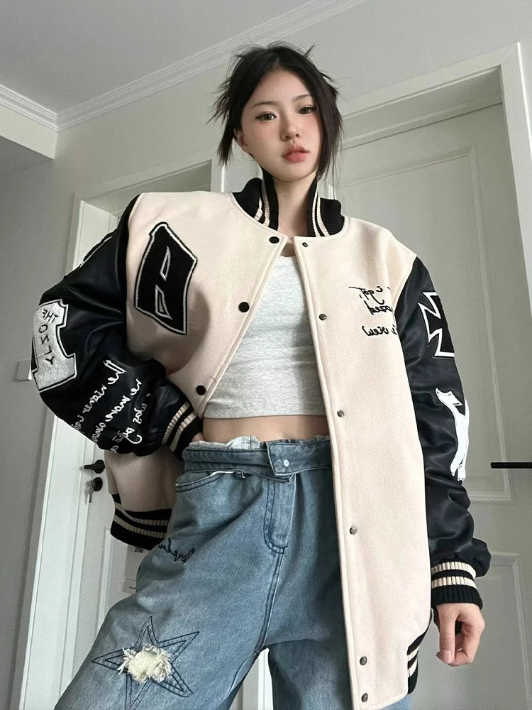 Jaet de Baseball rétro américain pour femmes, automne hiver, en cuir PU, coupe ample, Patchwork, haut Cleanfit, vêtements d'extérieur pour Couples
