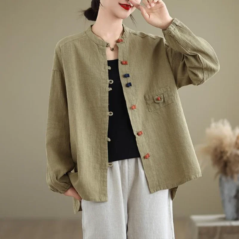 

Chinese Retro Buckle Cotton and Linen Jacket Autumn National Style Stand Collar Modified Tang Suit Cardigan Top