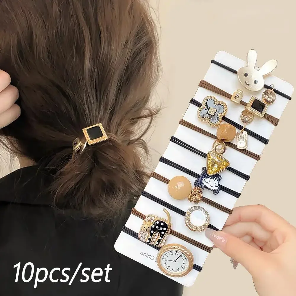 10pcs/Set Mixed Cat Rabbit Flower Hair Rope Funny Clock Perfume Bottle Charms Hair Tie For Women Girl Ponytail Holder Scrunchies