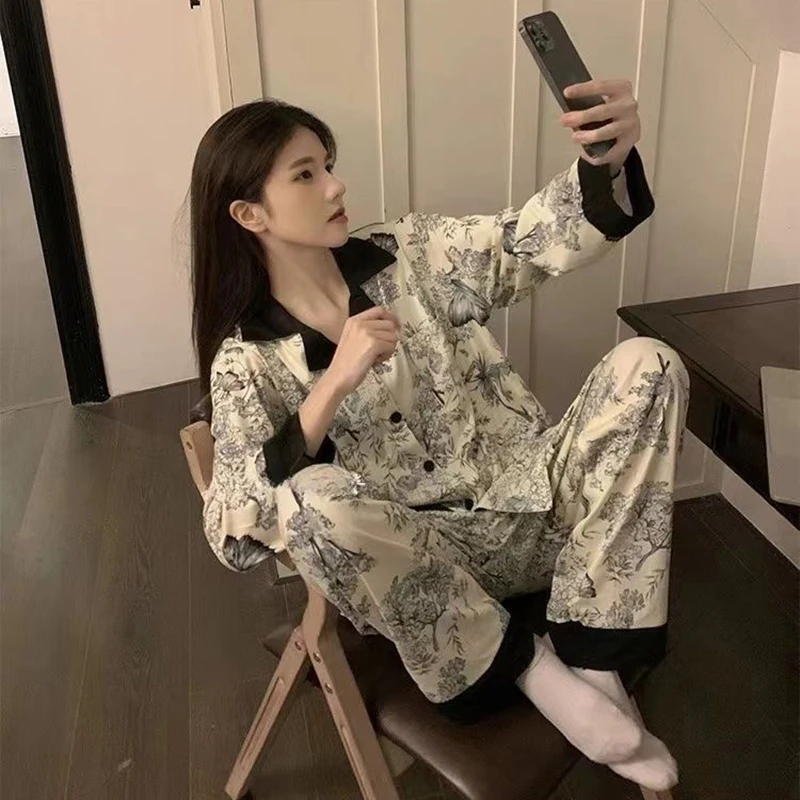 Print Sleepwear Women Pajama Sets Korean Piiama Casual Night Wears Autumn Pants Sets 2 Pieces Button Long Sleeve Home Suit New