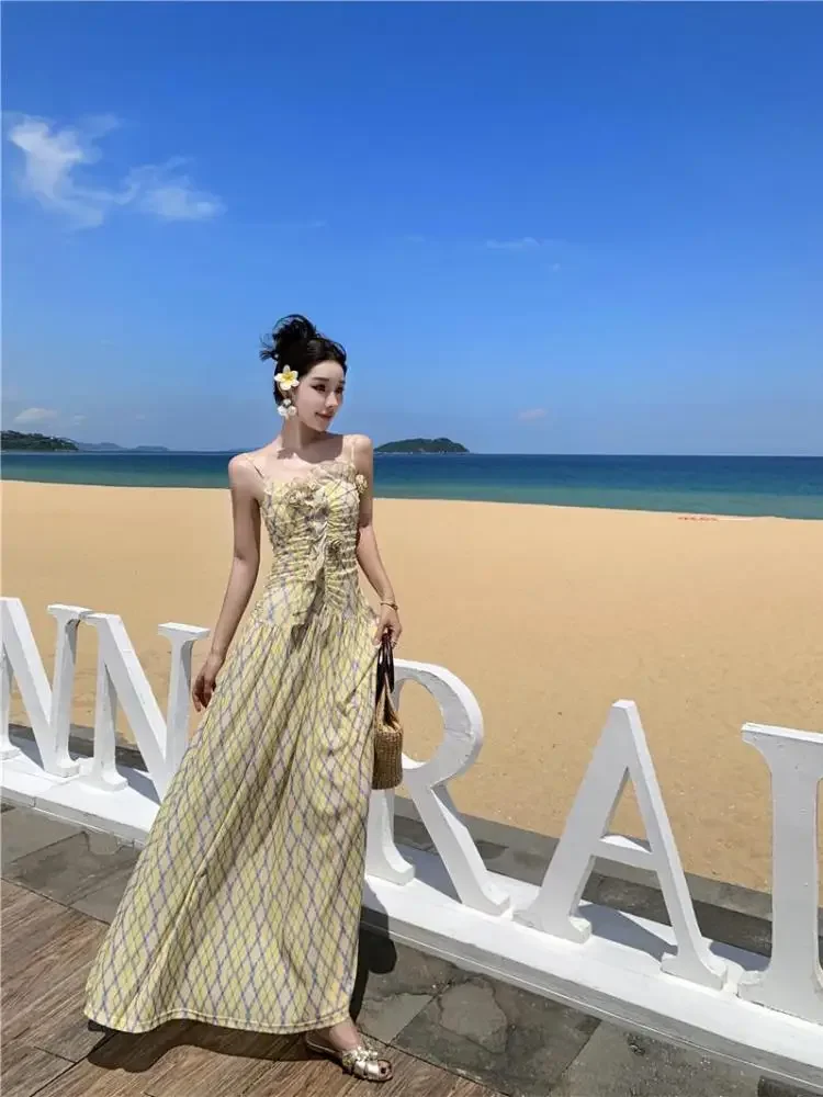 อเมริกัน Retro Elegant Boho Beach Slip Dress ผู้หญิงฤดูร้อนแขนกุดลายสก๊อตชุดยาวเซ็กซี่คลับชุดวันเกิด