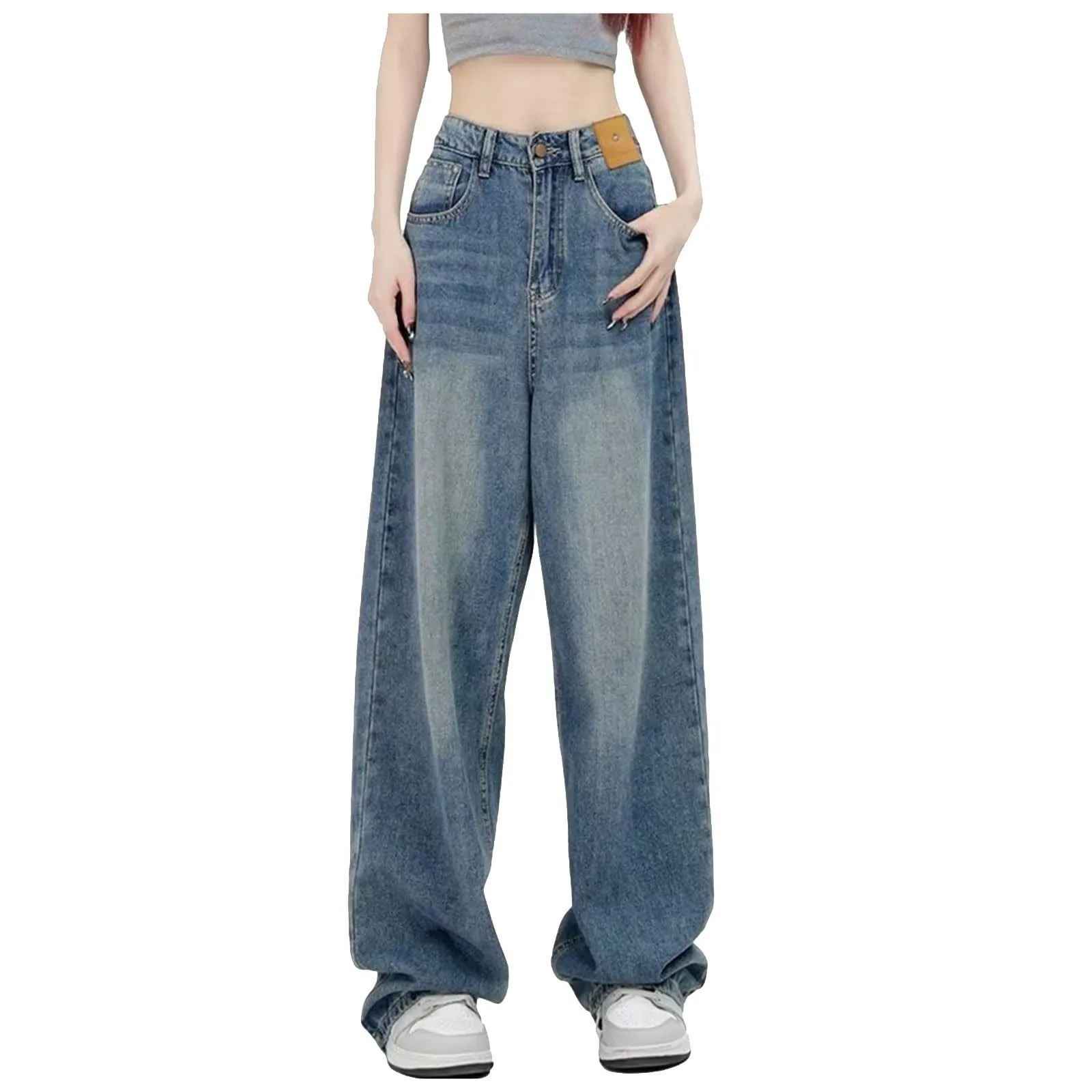 Korean Fashion Y2k Retro Wide Leg High Waist Straight Streetwear Style Blue Jeans Pants Women'S Baggy Denim Trouser Lady Clothes