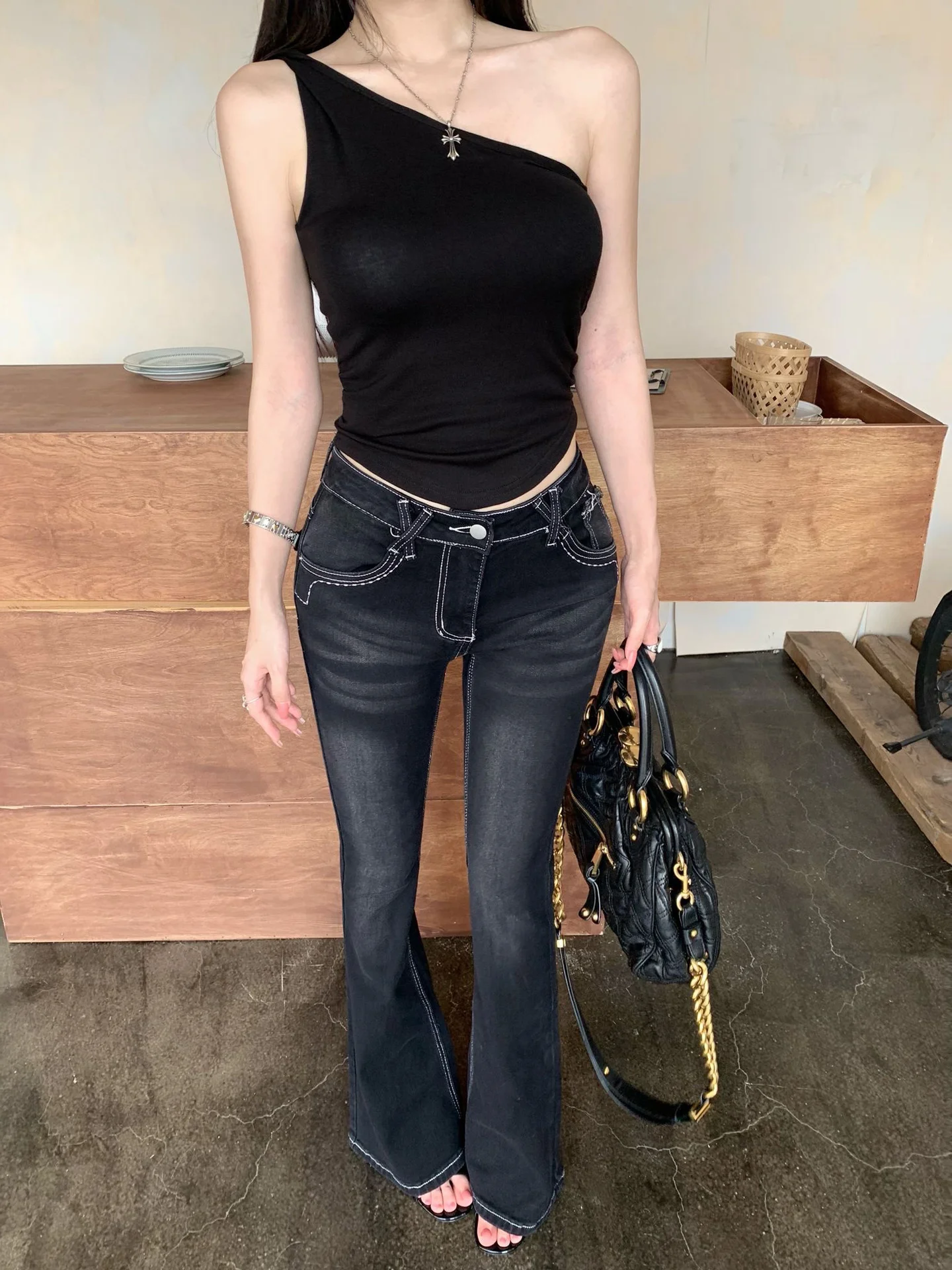 American Style Low Waist Slimming Bell Bottom Jeans Women's Elastic Casual Long Pants Fall Season Fashion Ladies Jeans