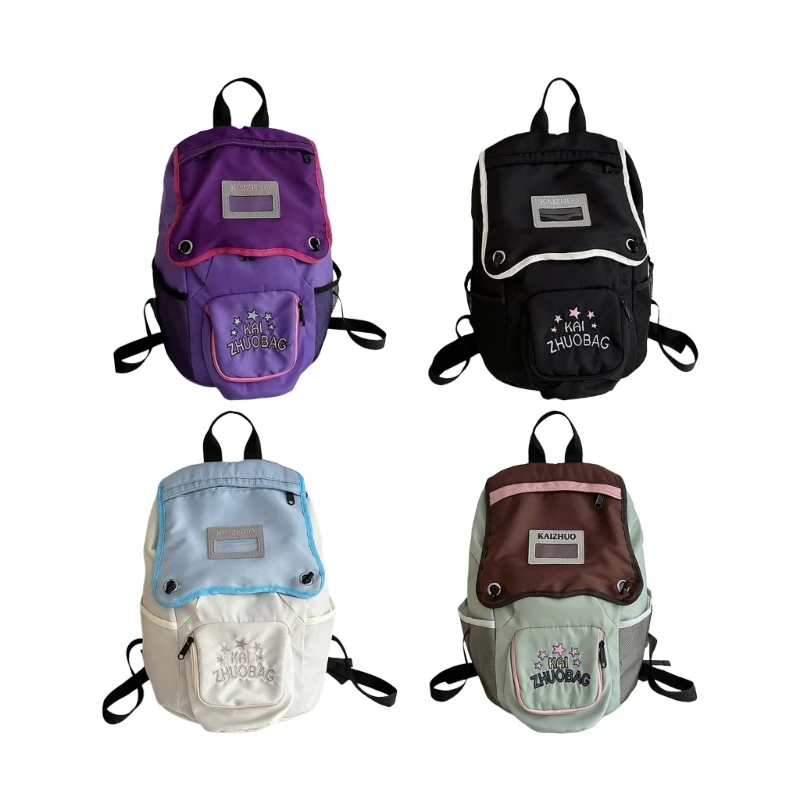 Mochila nailon color en contraste para adolescentes y niñas, bolso escolar con letras bordadas