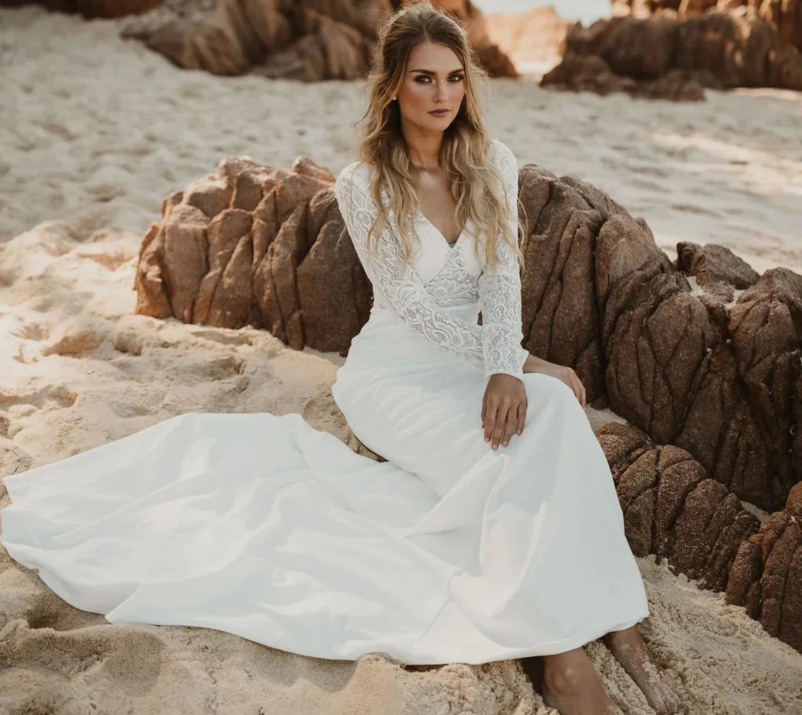 personalizzato 13460 # Abito da sposa bohémien con scollo a V da spiaggia, maniche lunghe bohémien, strascico da esterno, abito da sposa in pizzo Boho