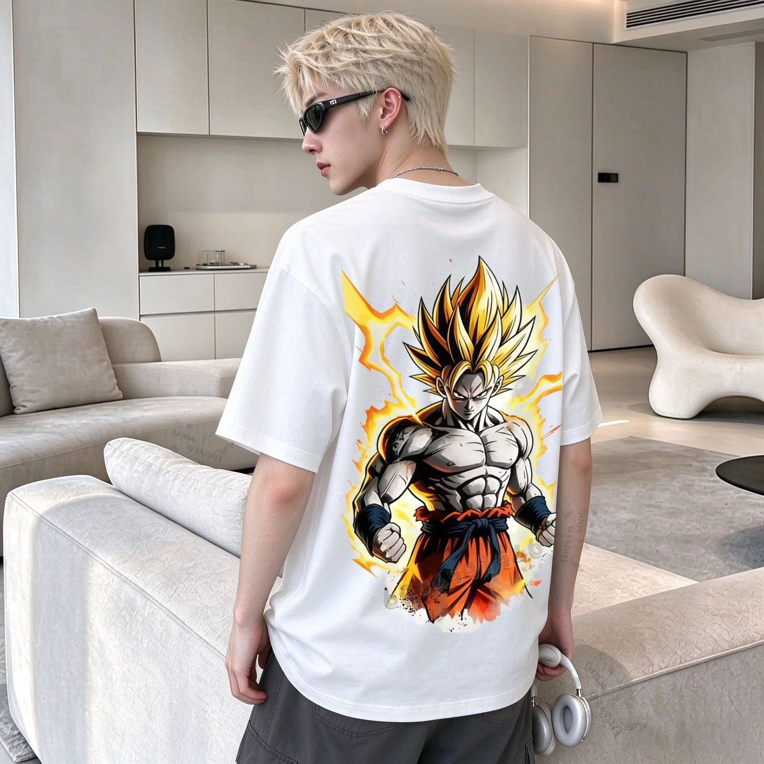 Men 100% Cotton Skin-friendly Breathable T-shirt, Dragon Ball Super Saiyan Goku Fire Anime Back Print Short Sleeve Summer Tee