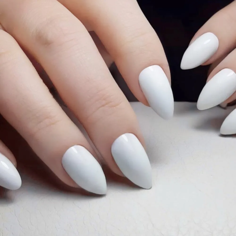 48Pcs Shiny White Artificial Press On Nail With Glue Short Stiletto Fake Nail Full Cover Finger Tips Manicure Accessory