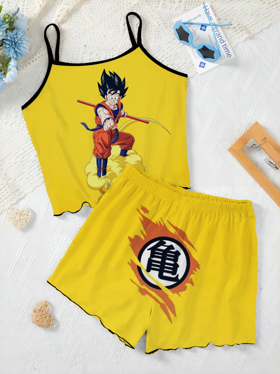 Slip Dress T-shirt Sałata Wykończenie Vegeta Piżama Spódnica Eleganckie zestawy damskie dla kobiet 2-częściowy Dragon Ball Son Goku Top Krótki