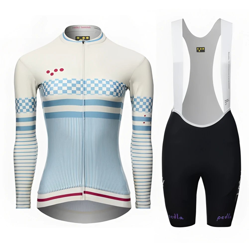 Women's Classic LS Jersey - Almond Stripe The Pedla Cycling Set Summer Long Sleeve Jersey And Bib Shorts Suit MTB Bike Clothing