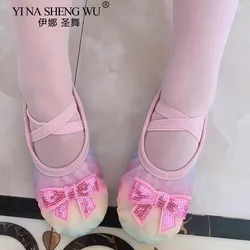 Children's Dance Shoes Girls Ballet Flats Shoes Rainbow Bow Sequins Leather Soft Soled Dance Performance Skate Sport Toe Shoes