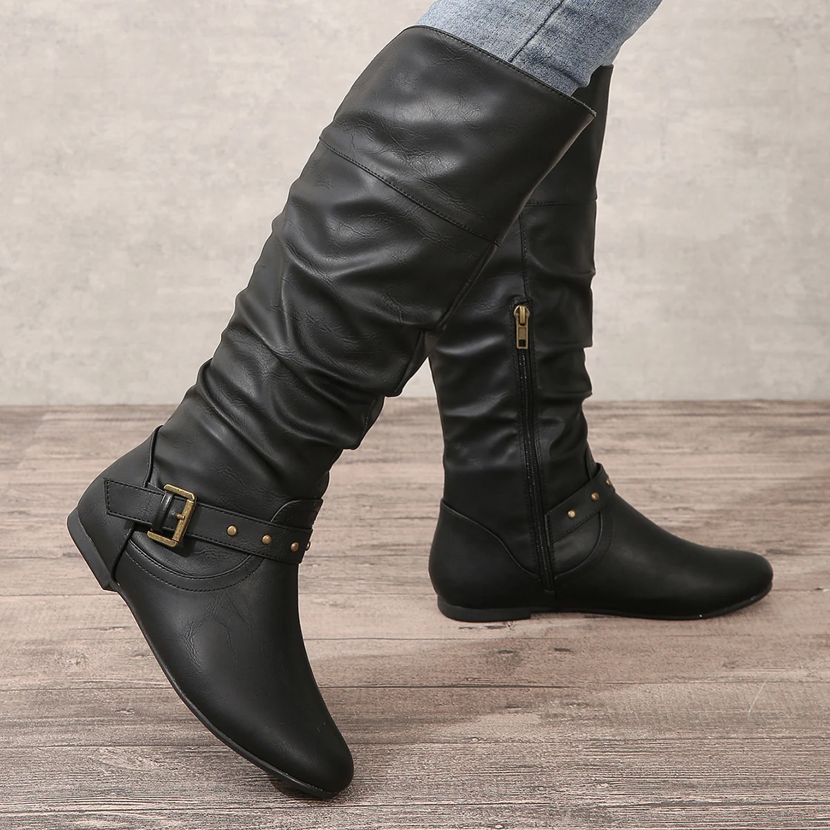 Vintage Female Knight Leather Boots European American Western Cowboy Style with Autumn Winter Cuff Belt Buckles Round Toe view 5