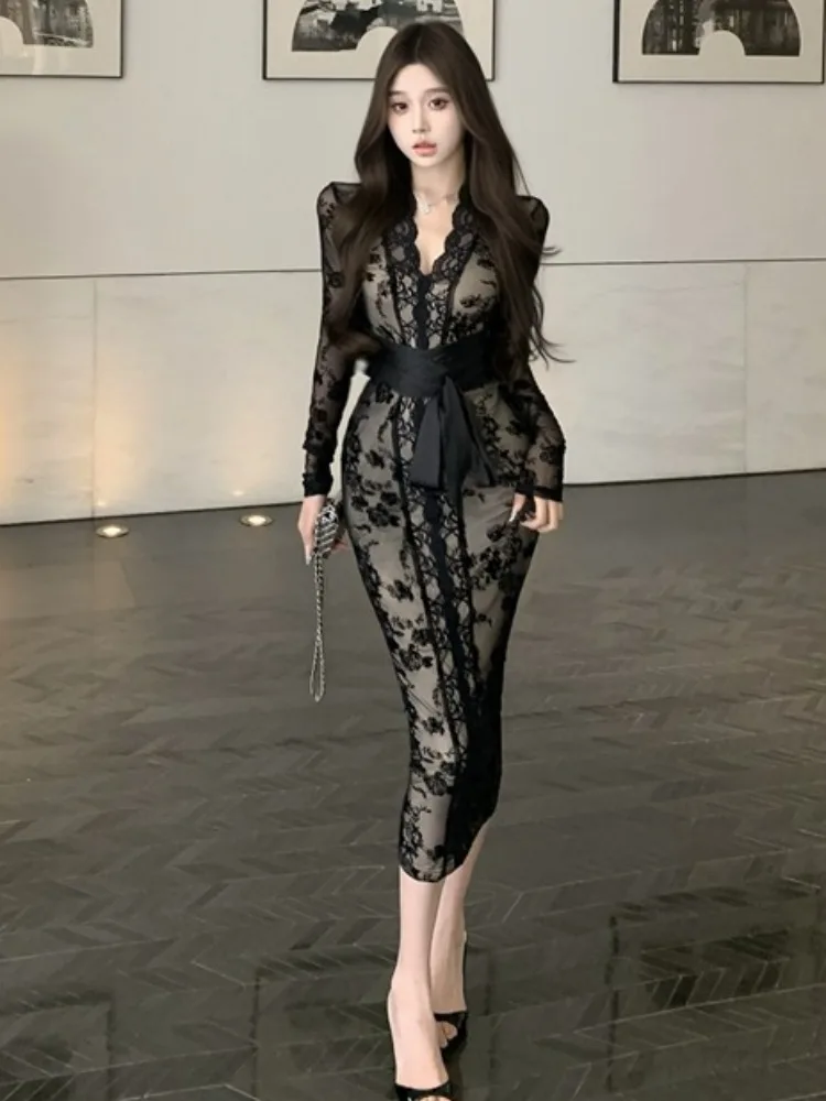 

Sexy Lace Dr Women's Autumn Winter Low Cut V-ne Bodycon Long Skirt Inner Wrap around Thigh High Heels Faionable Ele