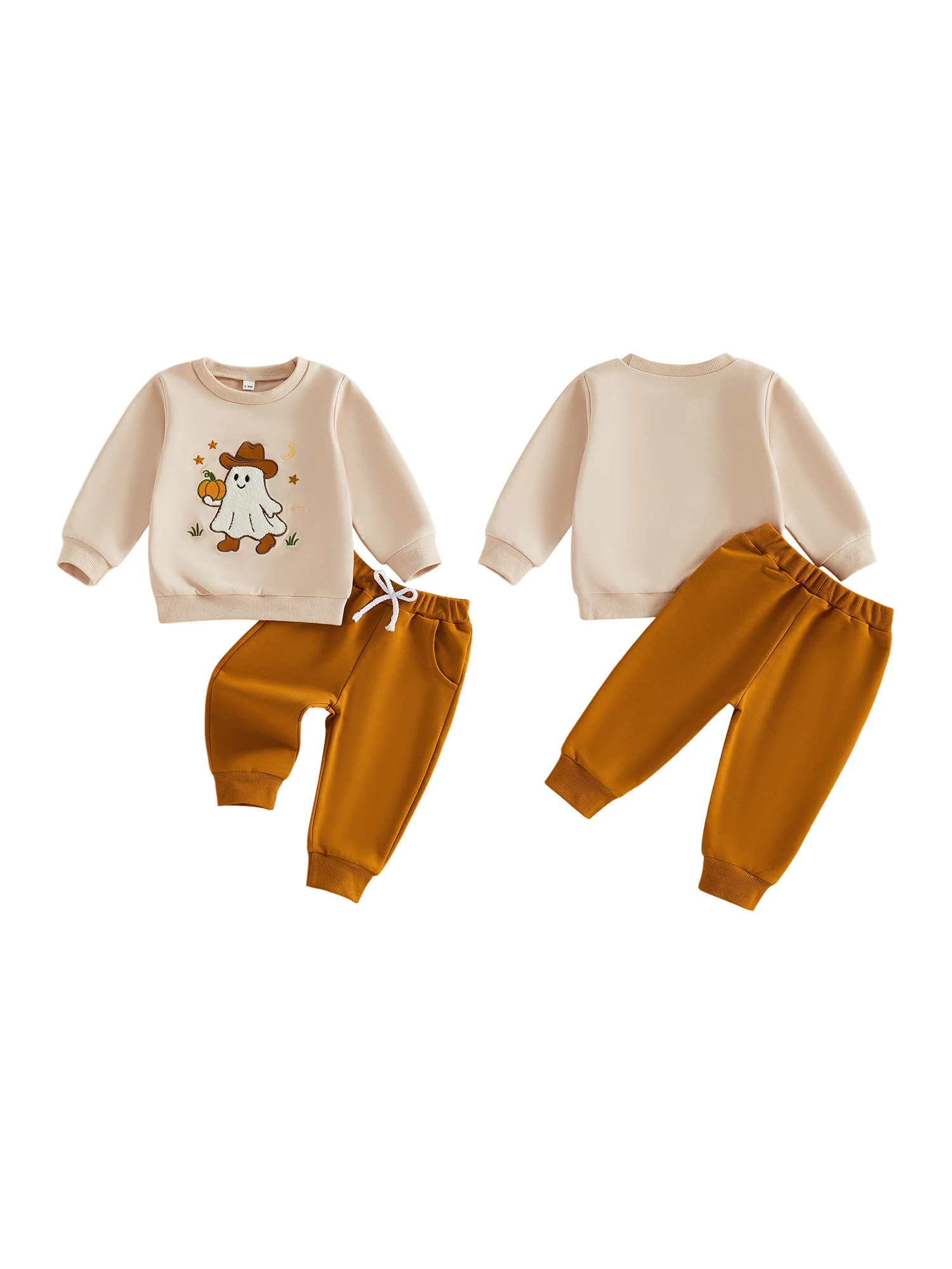 Halloween-Outfits-Ghost Embroidery Long Sleeve Sleeve Pullover Outfits Ghost Embroidery Boy Halloween Outfits Ghost Embroidery