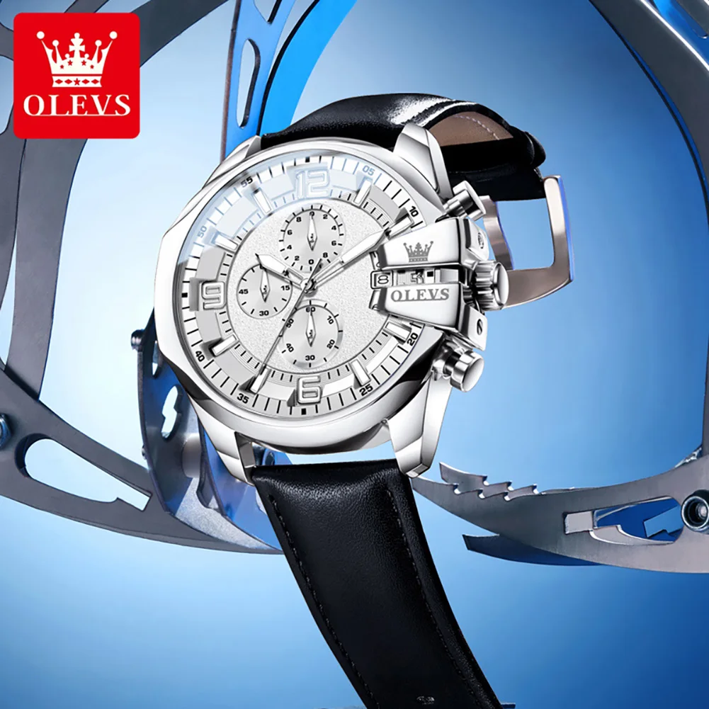 OLEVS 2978 Brand Quartz Movement Watch For Men HD Luminous Chronograph Dial Leather Strap Calendar Window 30m Waterproof Watch