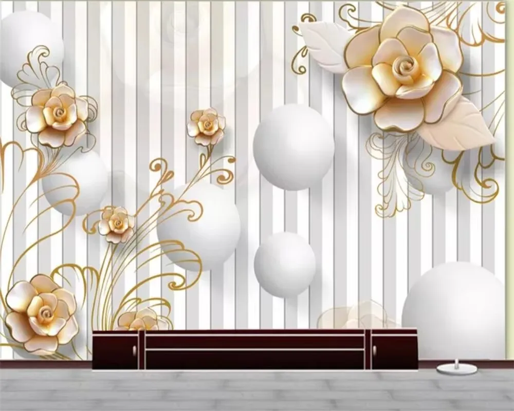 

Фотообои на заказ, трехмерные роскошные золотые цветы, ювелирные изделия, сфера, ТВ-фон, стена, 3d обои papel tapiz