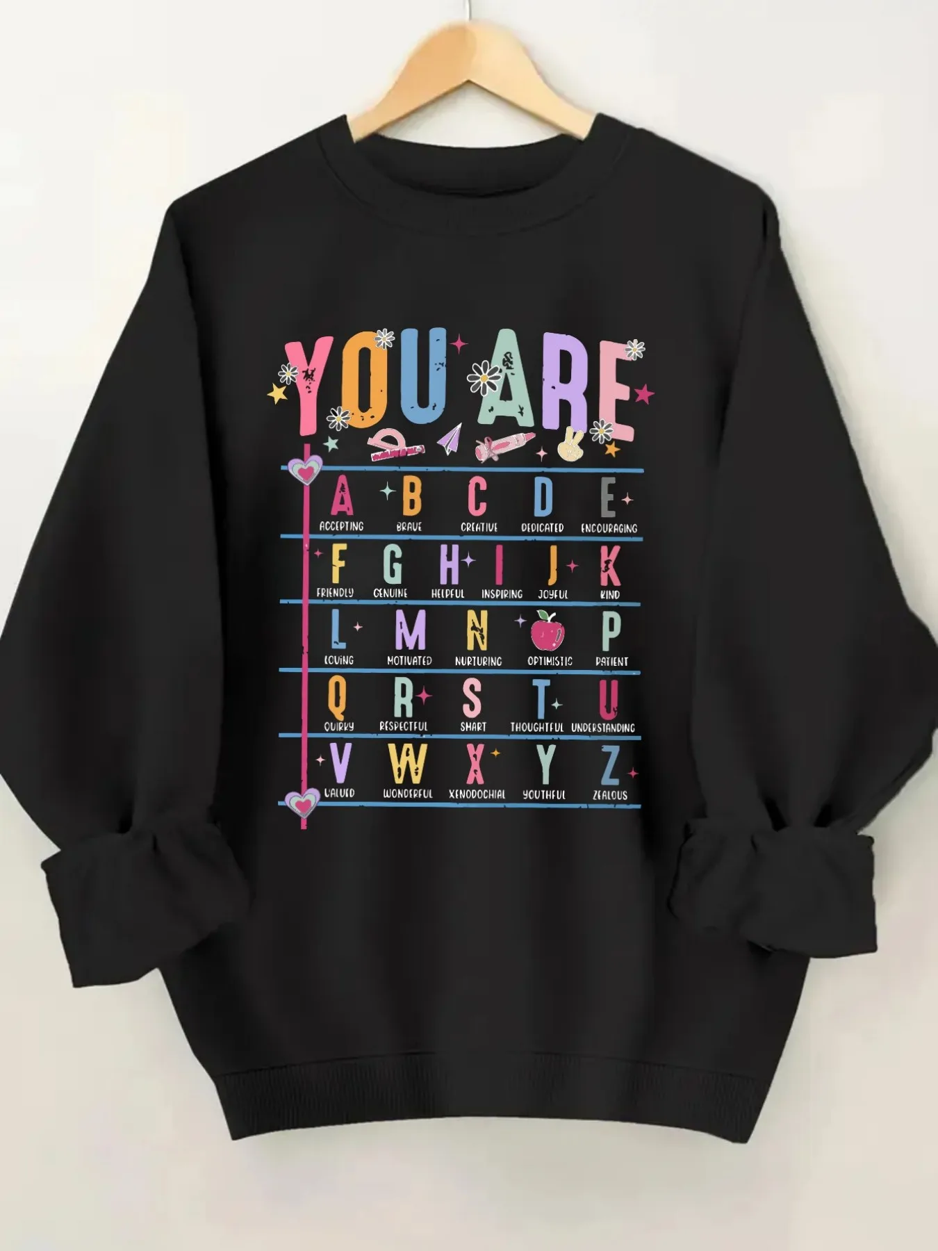 Women's Crew Neck Pullover Sweatshirt You Are Alphabet Design, Soft Casual Long Sleeve, Daily Casual Top Outfit, Winter Women's Clothing, Thanksgiving Outfit