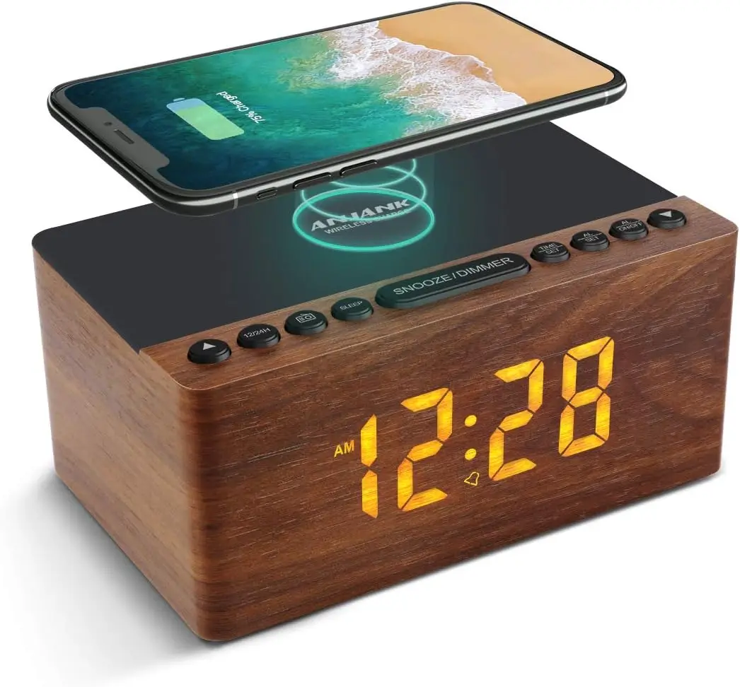 Wooden Digital LED Alarm Clock with FM Radio & Wireless Charger for iPhone/Samsung, 5-Level Dimmer, USB Port, Sleep Timer