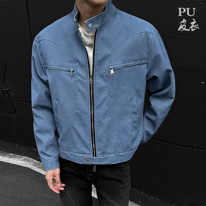 

Мужская байкерская куртка ветрозащитная искусственная кожа 2025 воротник-стойка искусственная кожа с украшением на молнии мотоциклетная верхняя одежда модное пальто