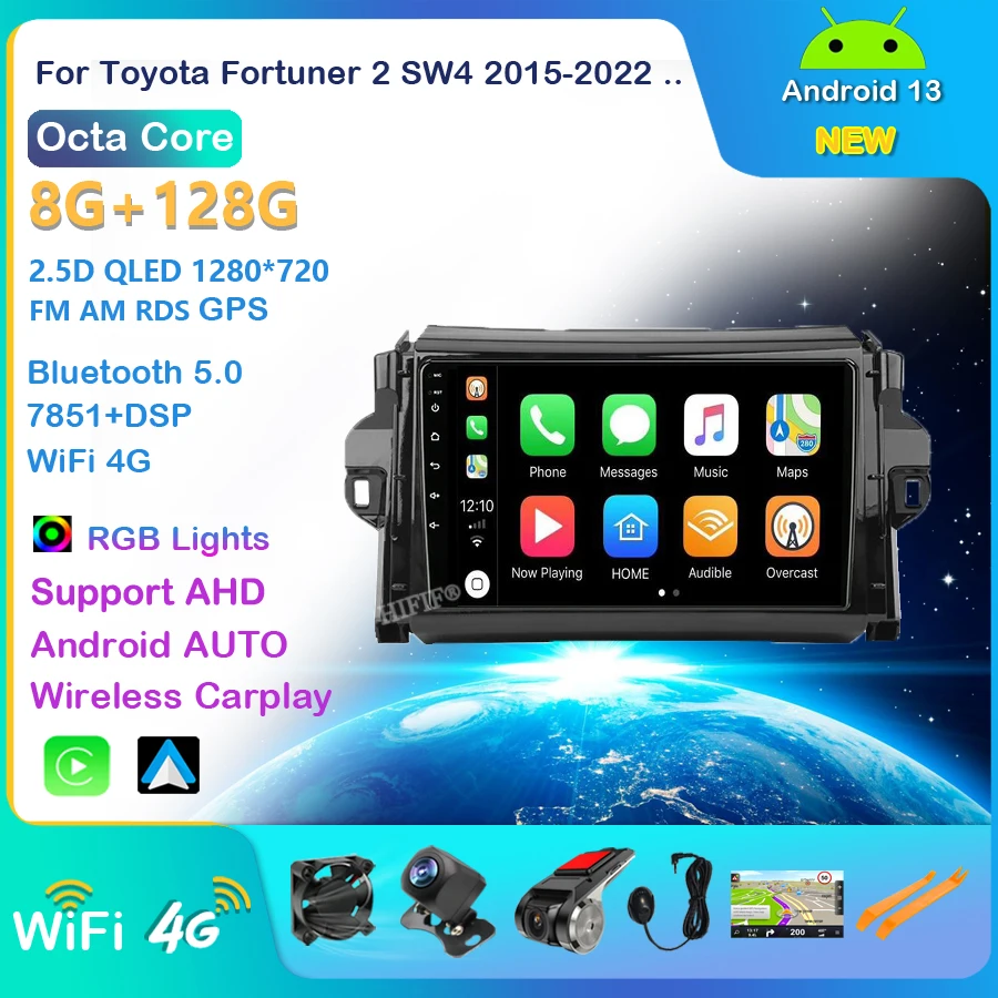 

1280*720P 8Core 8+128G Car Radio For Toyota Fortuner AN160 SW4 2015-2023 GPS Carplay Android Auto Head Unit 4G LTE