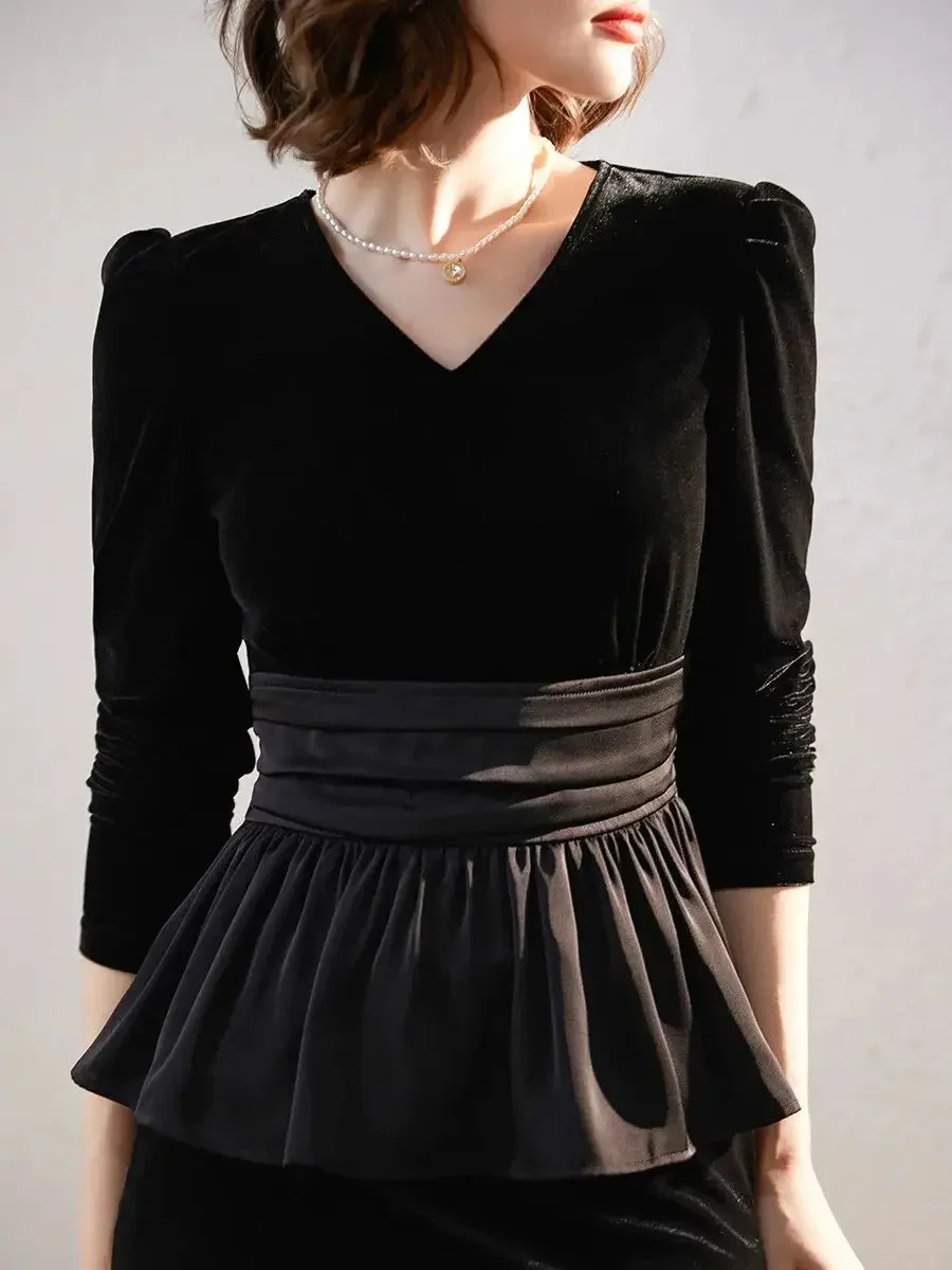 LOUIS YAO Women Velvet Top 2023 Autumn Vintage V-neck Long Sleeve Shirt Spliced Hem Design Women Tops