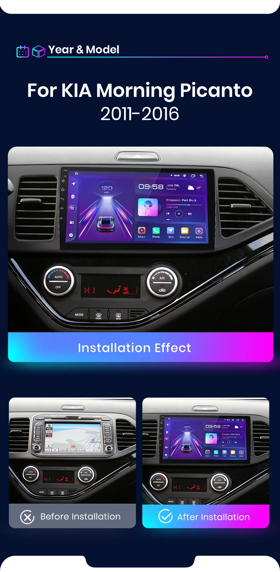 Junsun Wireless CarPlay Android Auto Autoradio für KIA Morning Picanto 2011 - 2016 GPS Multimedia 2 din – Detail 3