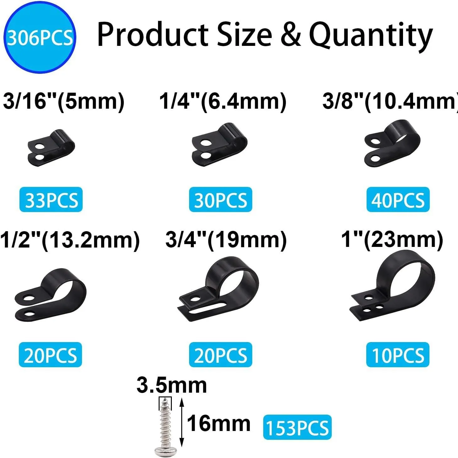 306Pcs Black Nylon R-Type Cable Clamp Installation Kit with 6 Sizes for Cable Management And Organization