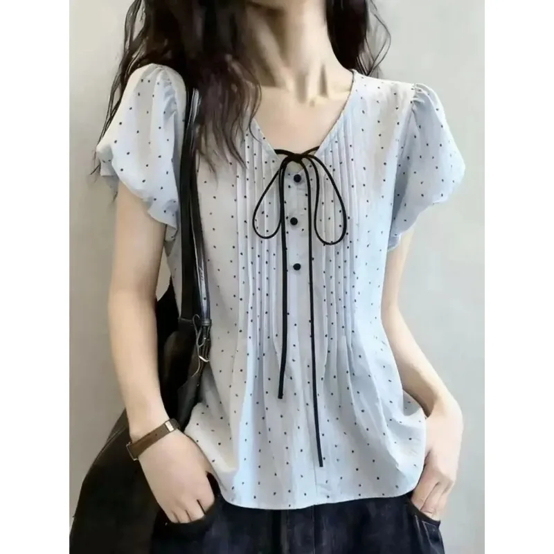 Women V Neck Polka Dot Puff Sleeve Blouse Tie Front Loose Hide Belly Summer Shirt