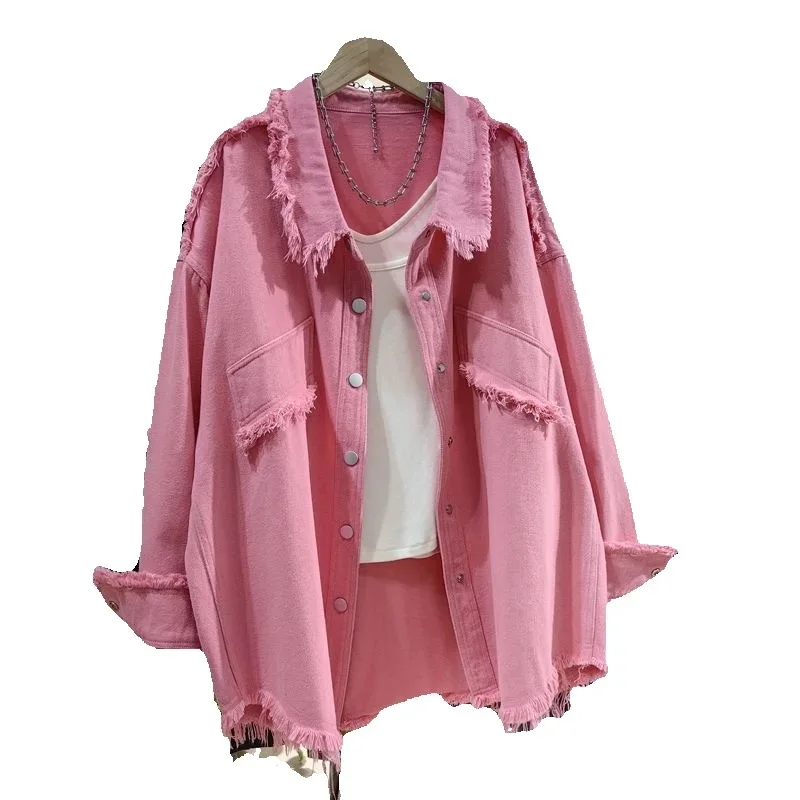 

Весенне-осенняя джинсовая куртка с грубыми краями, женская новинка 2025, модное свободное повседневное пальто, однотонное женское пальто на пуговицах