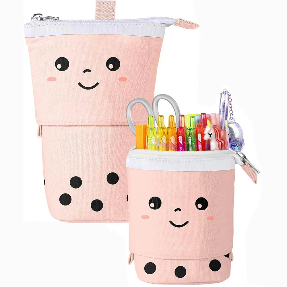 Cute Boba Milktea Telescopic Pen Bag Stand-up Transformer Pencil Holder Organizer with Kawaii Smile Face Stationery Case Supply