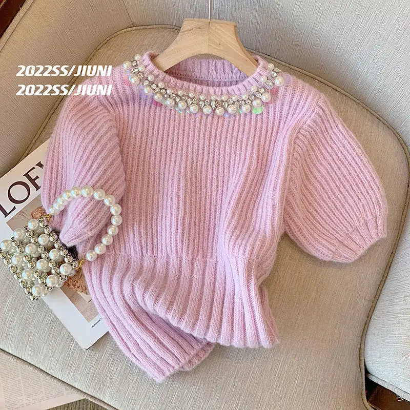 Jumpers Pink Purple Pearl Short Sleeve Sweater Women\'s Summer New Korean Lantern Rhinestone Knitwear Top Pull Femme Beaded