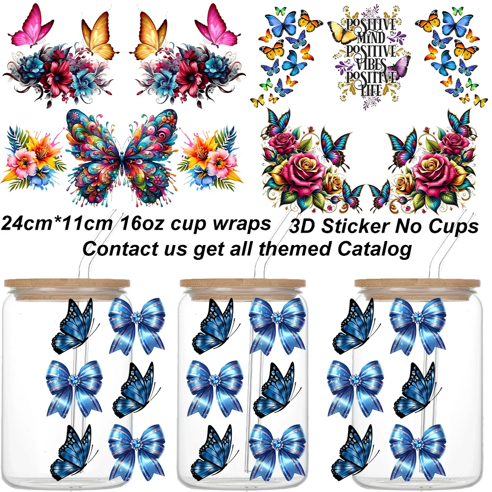 Colorful Butterfly Designs Uv Dtf Cup Wrap Sticker Waterproof DIY Decals For 16oz Libbey Glass Mixed Pattern 3D Transfer Sticker
