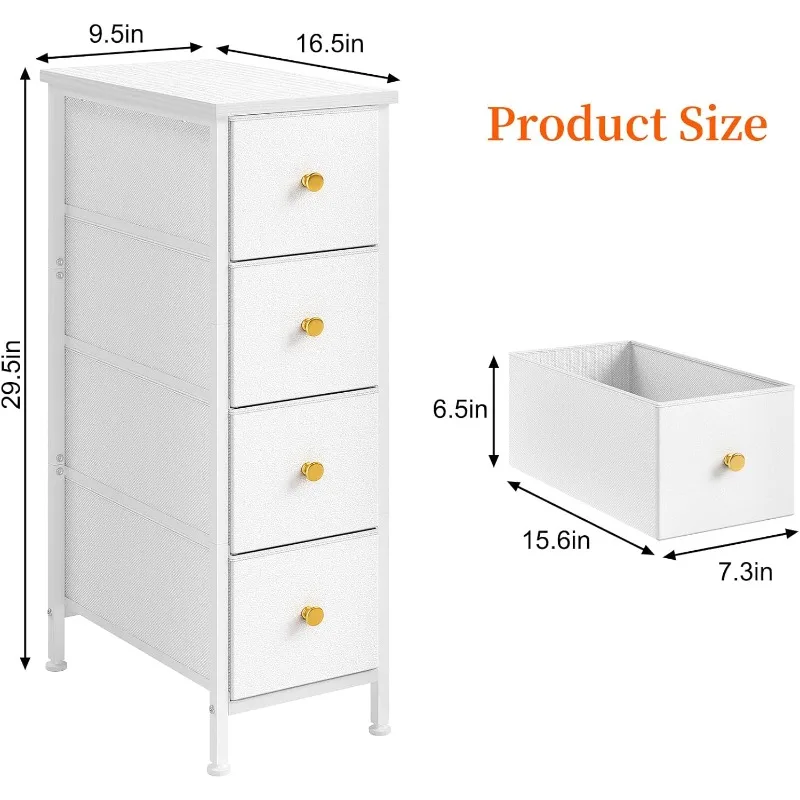 Narrow Storage Cabinet, Narrow Nightstand Dresser with 4 Drawers, Slim Fabric Dresser Storage Tower for Small Spaces