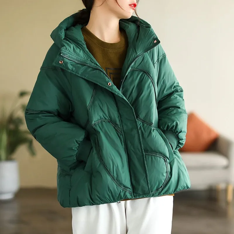 2023 Autumn Winter New Korea Fashion Women Long Sleeve  White Duck Down Short Coats Thicken Warm Hooded Casual Down Coat C996