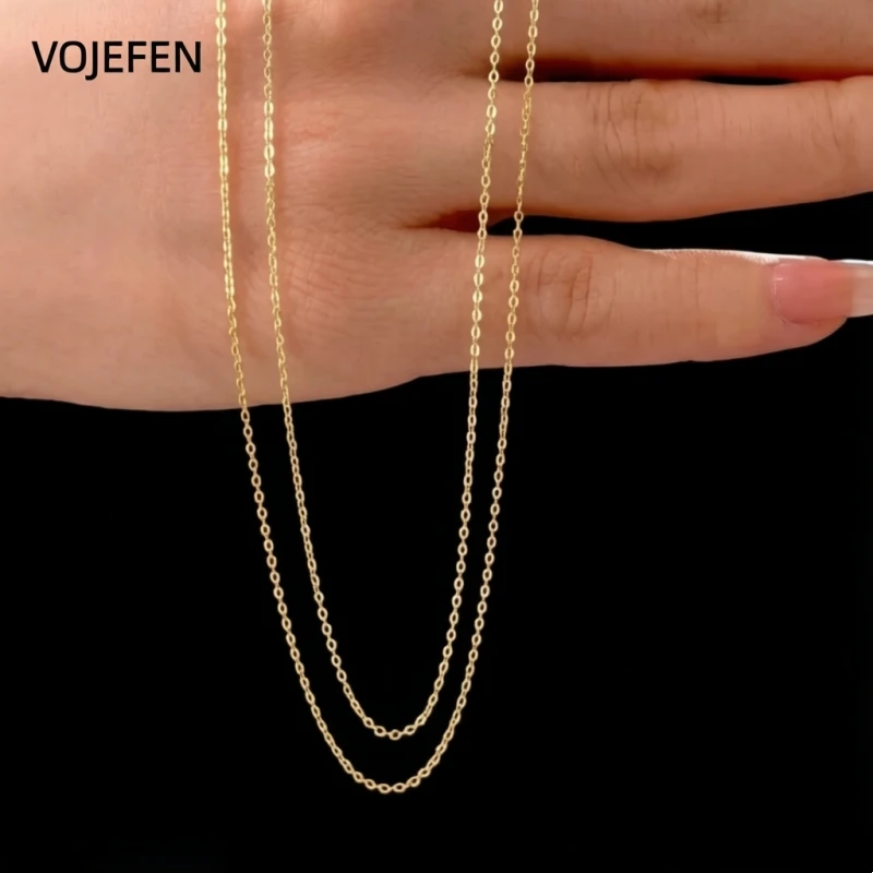 VOJEFEN 14K Real Gold Necklace AU585 Stamp O Chain 45-60cm Women Men Fine Jewelry Daily Wear Minimalist Luxury Gift Certificate