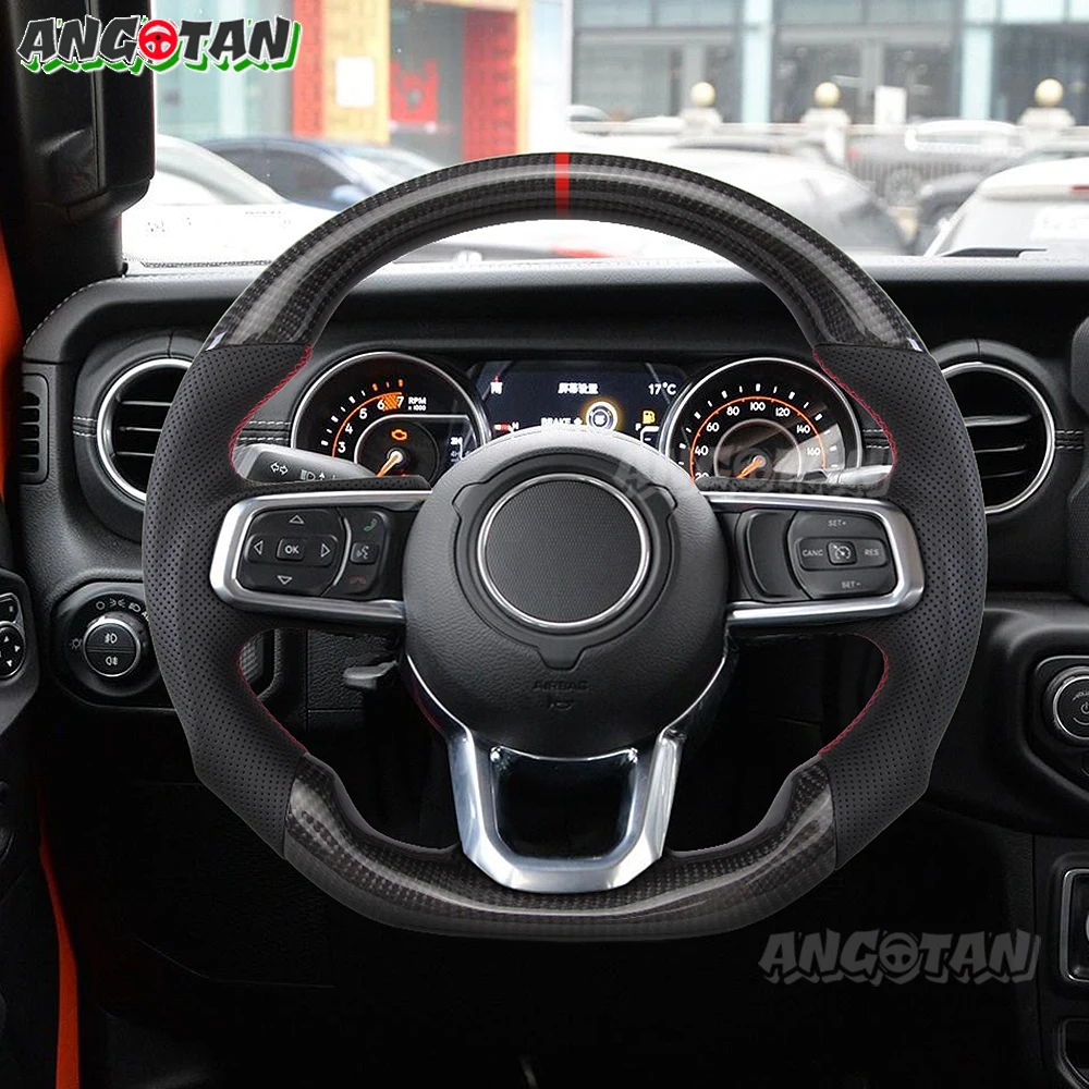 For Jeep Wrangler JL Heating Steering Wheel Wrangler JL 2018-2023 Carbon Fiber Leather Car Steering Wheel Flat Bottom D Shape