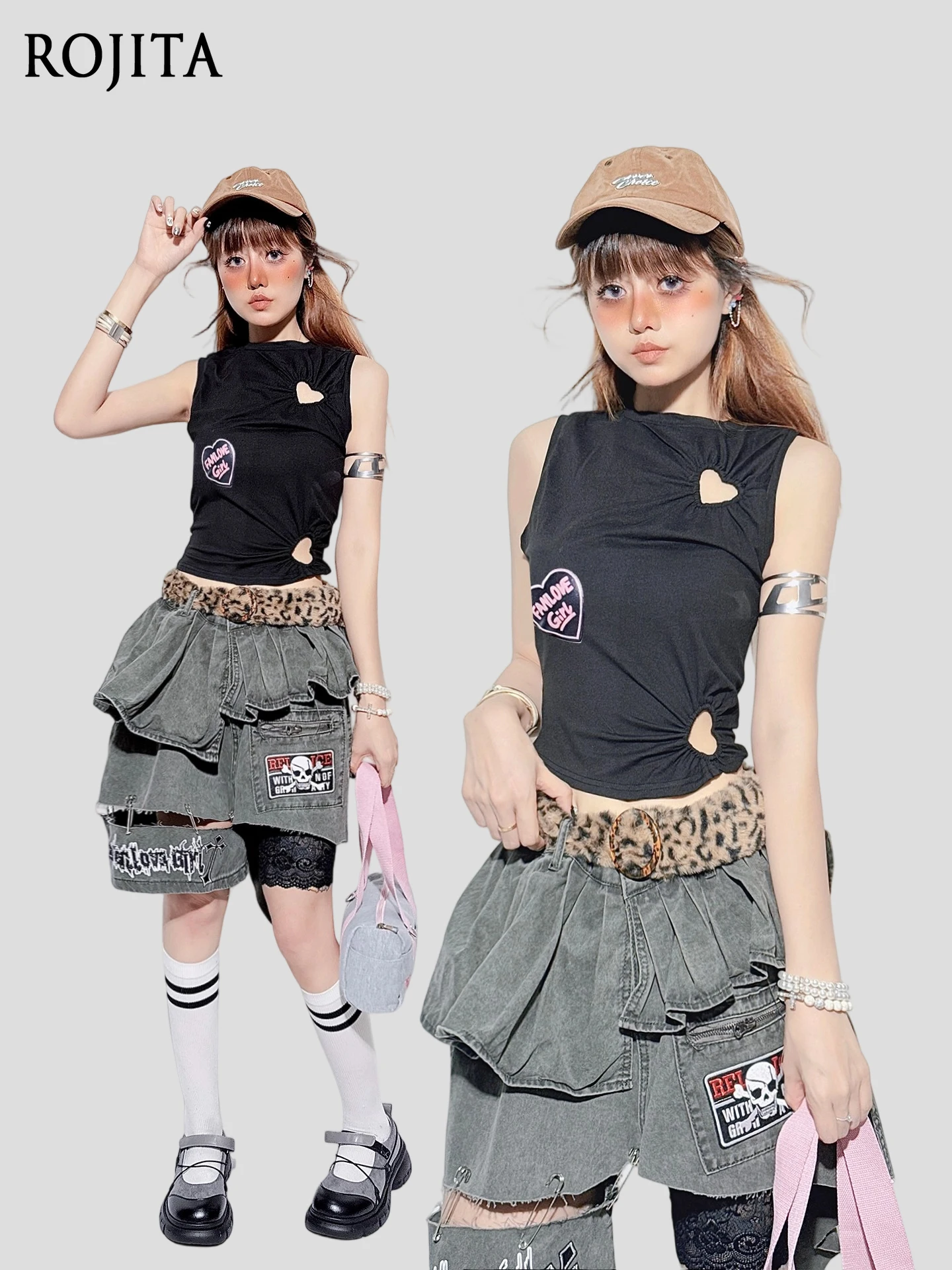 

Original Design Summer Retro Black Top Hollow Print Outer Wear Slim Vest Suspender Irregular Splicing Spice Girl Skirt