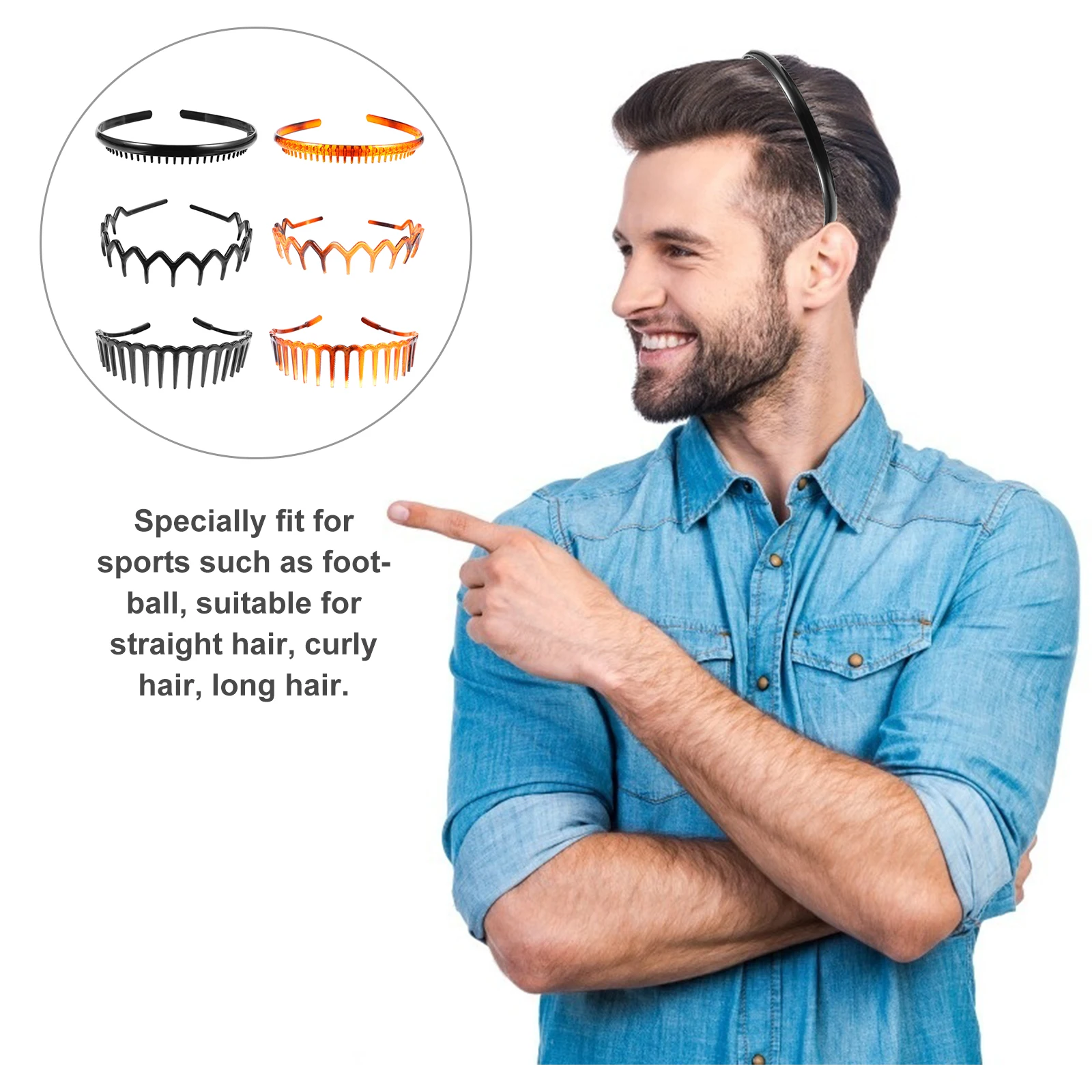 

6Pcs Anti-slip Hairbands Toothed Elastic Plastic Headbands Comb Black Brown Small Medium Large Size for Sports Women Men Gifts