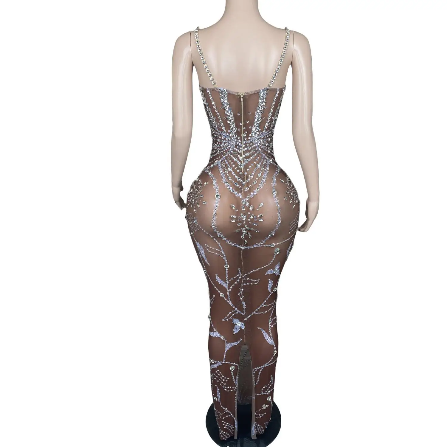 Sparkly Rhinestones Crystals Dress Dark Mesh See Through Bandage Backless Short Dress Women Sexy Celebrate Birthday Prom Dresses