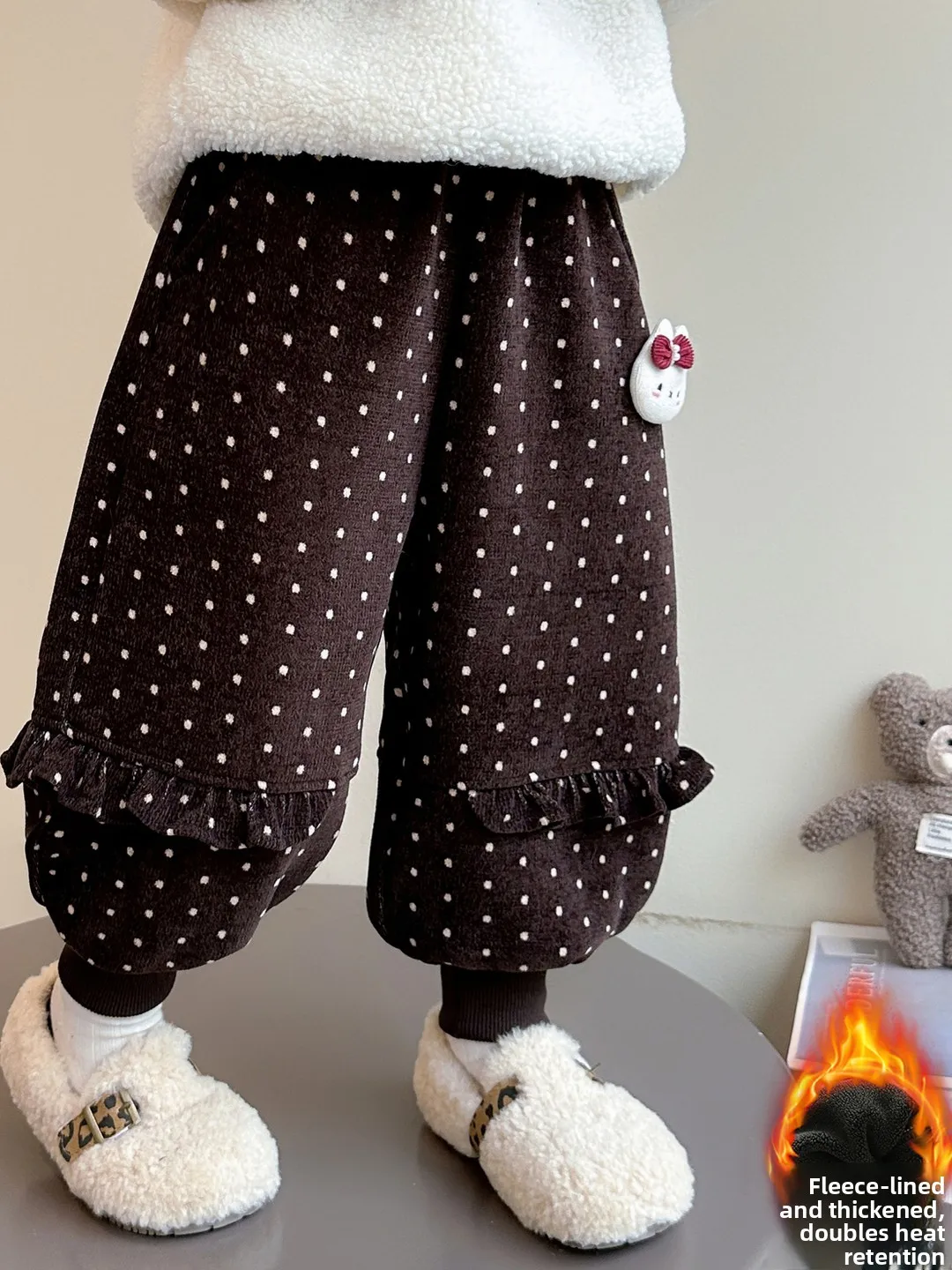 Pantaloni per Bambine Thiened Fce Autunno Inverno, Pantaloni Lunghi a Pois con Coniglietto, Pantaloni a Palloncino per Ragazze