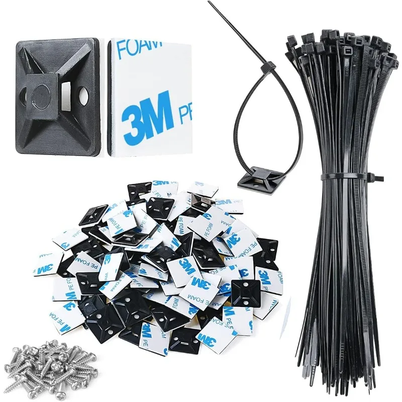 3/4" Strong Back-Glue Self Adhesive Black Cable Zip Tie Mounts 100pcs with 8" Zip Ties, Screws, UV Protection Outdoor Sticky Wire Fasteners Cable Clips Management Anchors Organizer Holders Squares