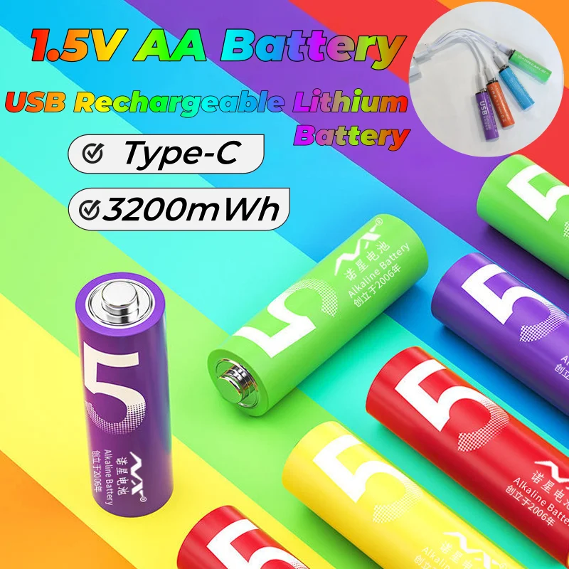 

USB C Rechargeable AA Lithium Batteries 1.5V Constant Voltage, 3200mWh Long Lasting Li-ion Battery for Smart Locks/Toys/Mouse