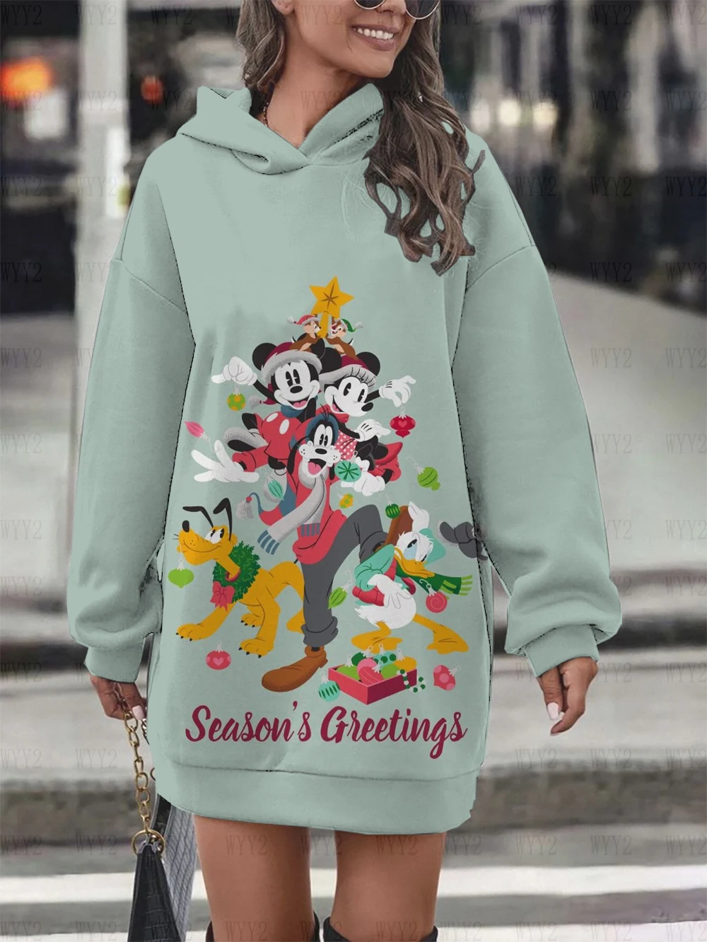 Loose Long Sleeve Fashion Autumn and Winter Long Sleeve Hoodies Disney Christmas Mickey Minnie Print Hoodies Dress